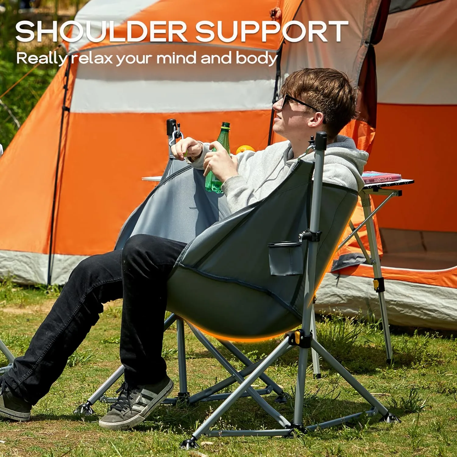 PORTAL Large Hammock Camping Chair Folding Rocking Chairs Portable Swinging Chair Wide Seat for Outdoor Lawn Patio Garden,Support 350 lbs, Grey