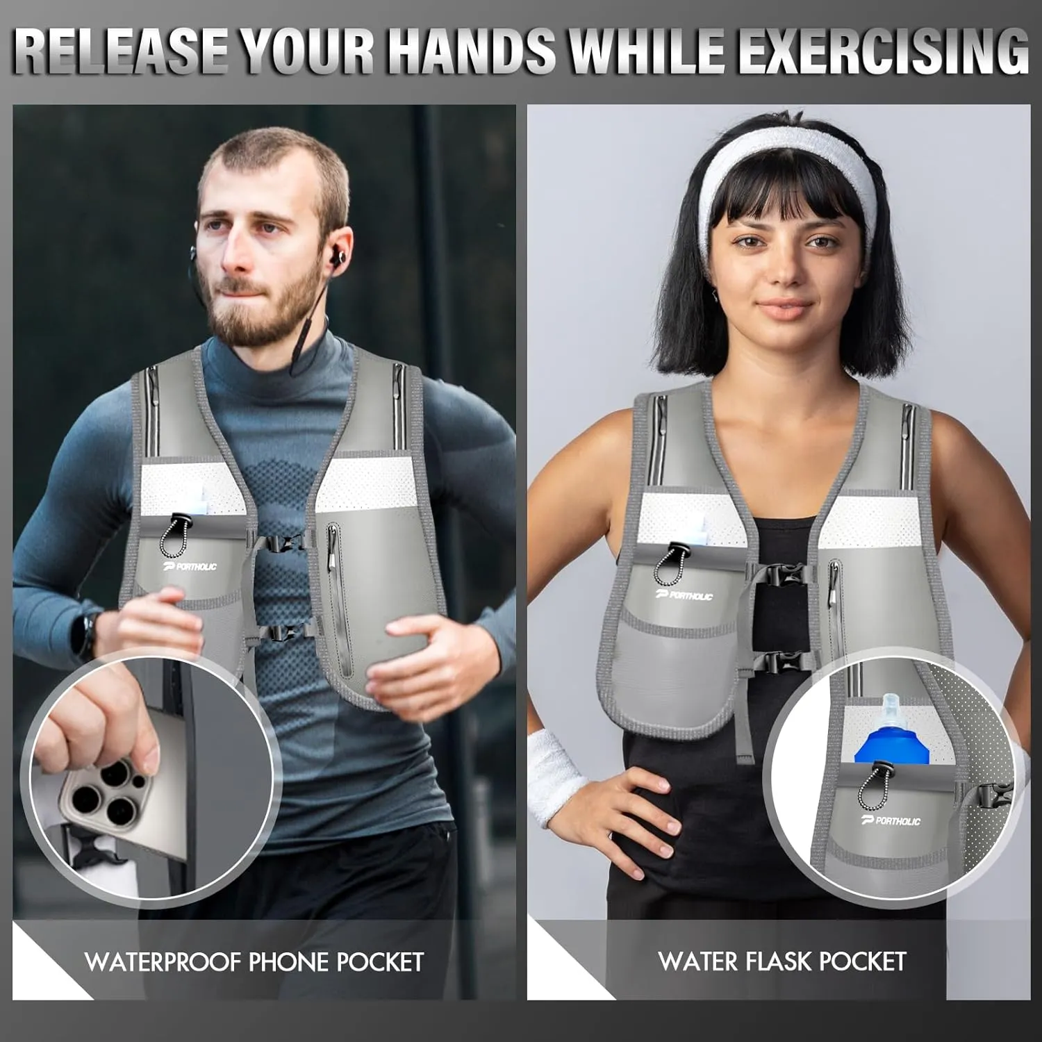 PORTHOLIC Running Vest for Women Men with 470ml/17oz Water Bottle |Adjustable Hydration Vest|Reflective |Lightweight |6 Pockets |Breathablefor Running Accessories for Hiking Running