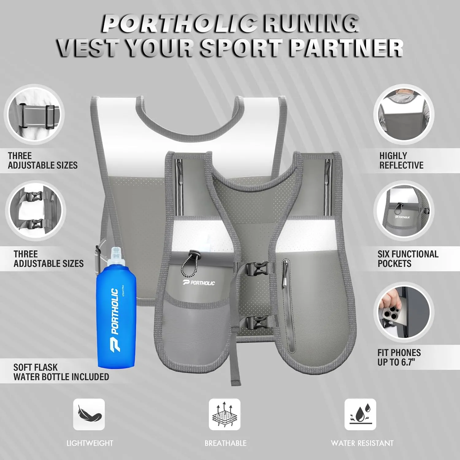PORTHOLIC Running Vest for Women Men with 470ml/17oz Water Bottle |Adjustable Hydration Vest|Reflective |Lightweight |6 Pockets |Breathablefor Running Accessories for Hiking Running