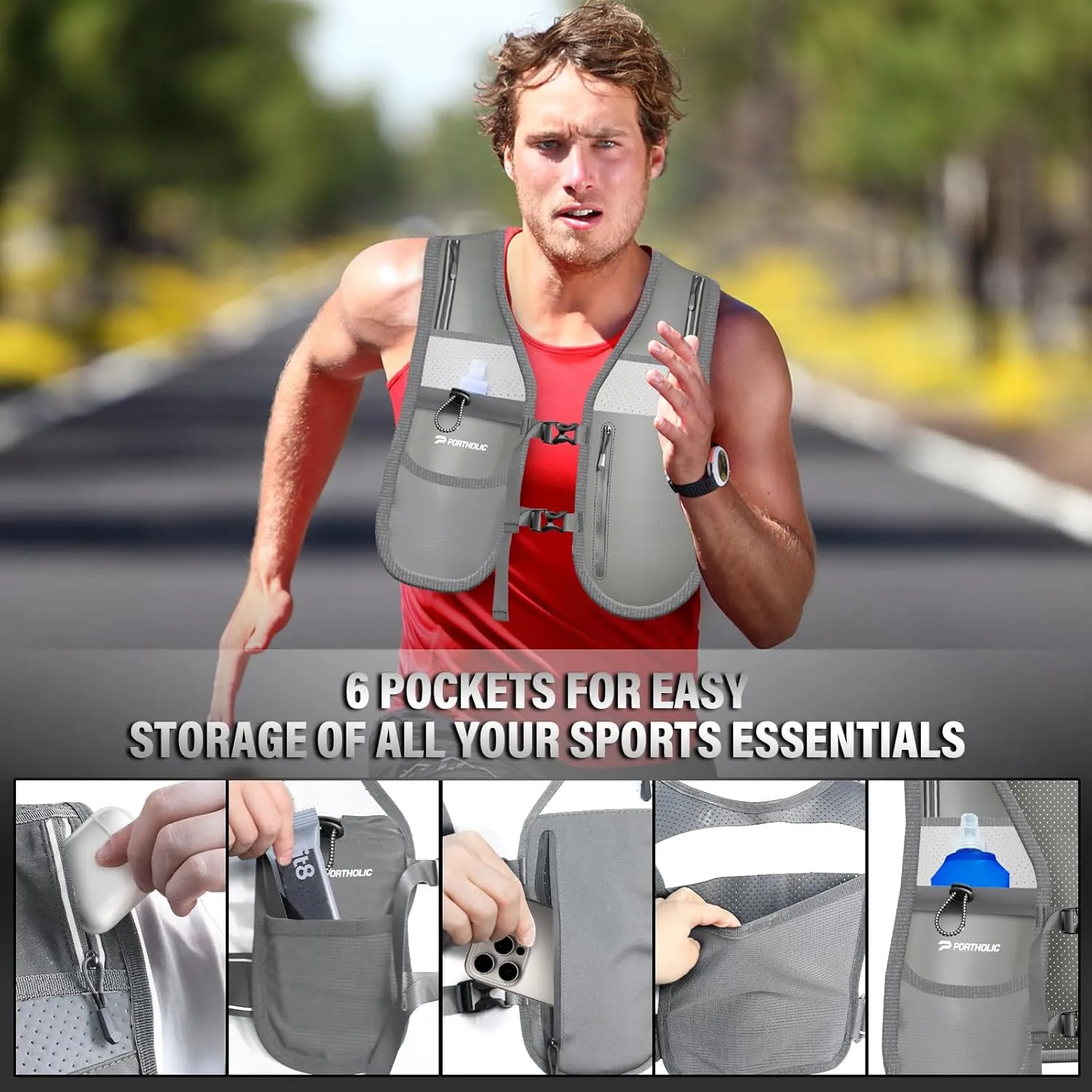 PORTHOLIC Running Vest for Women Men with 470ml/17oz Water Bottle |Adjustable Hydration Vest|Reflective |Lightweight |6 Pockets |Breathablefor Running Accessories for Hiking Running