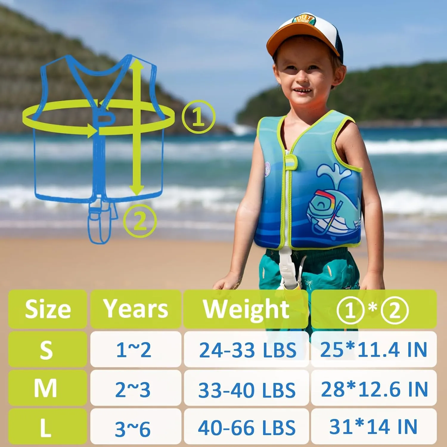Pottwal Swim Vest for Kids - Swim Jacket for 1-2 Years (24-33LBS) - Buoyancy Aid Made of Neoprene & EPE - with Adjustable Crotch Strap