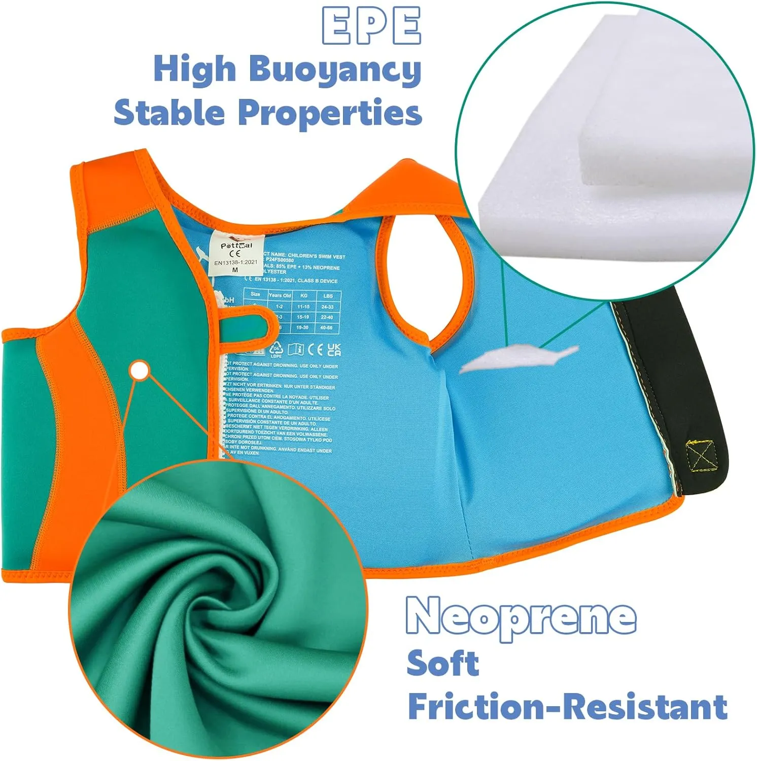 Pottwal Swim Vest for Kids - Swim Jacket for 1-2 Years (24-33LBS) - Buoyancy Aid Made of Neoprene & EPE - with Adjustable Crotch Strap