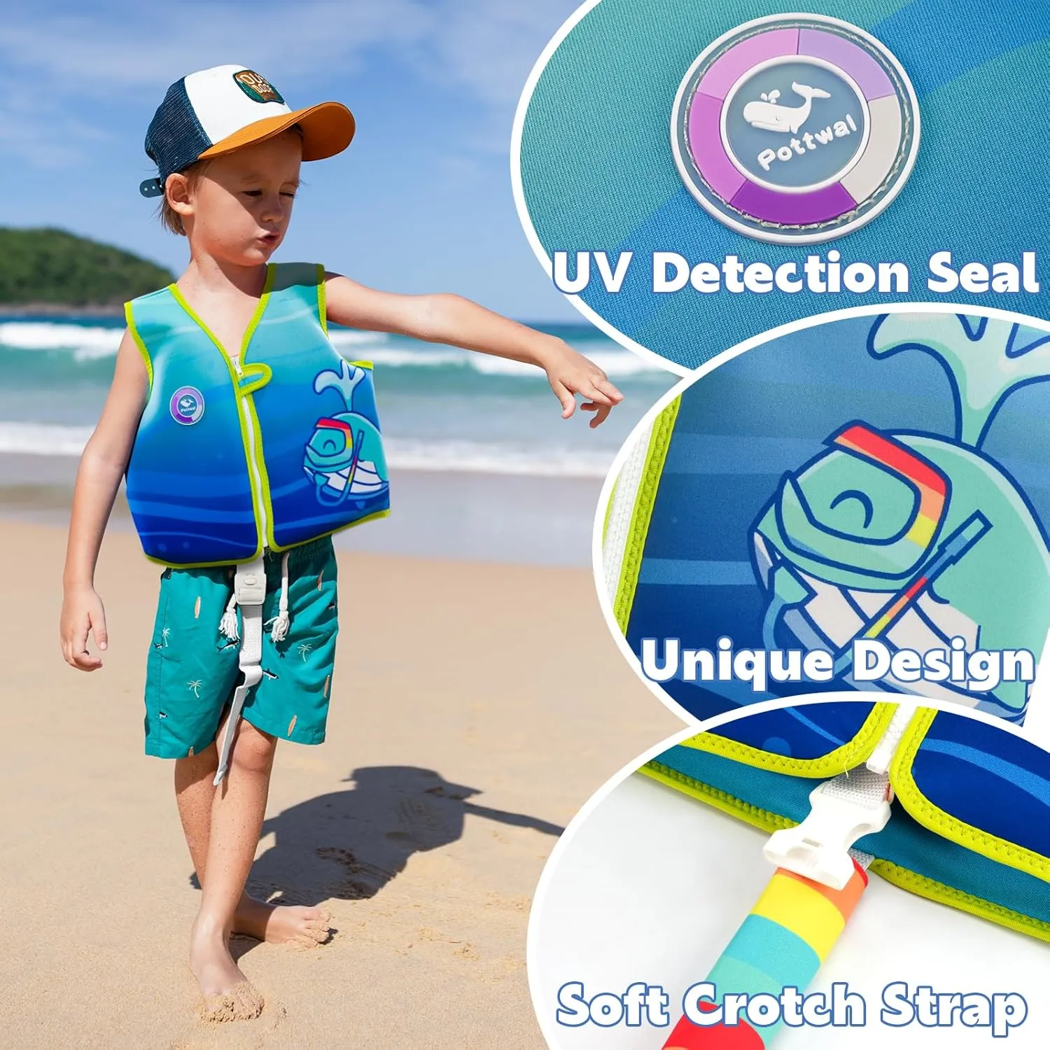 Pottwal Swim Vest for Kids - Swim Jacket for 1-2 Years (24-33LBS) - Buoyancy Aid Made of Neoprene & EPE - with Adjustable Crotch Strap