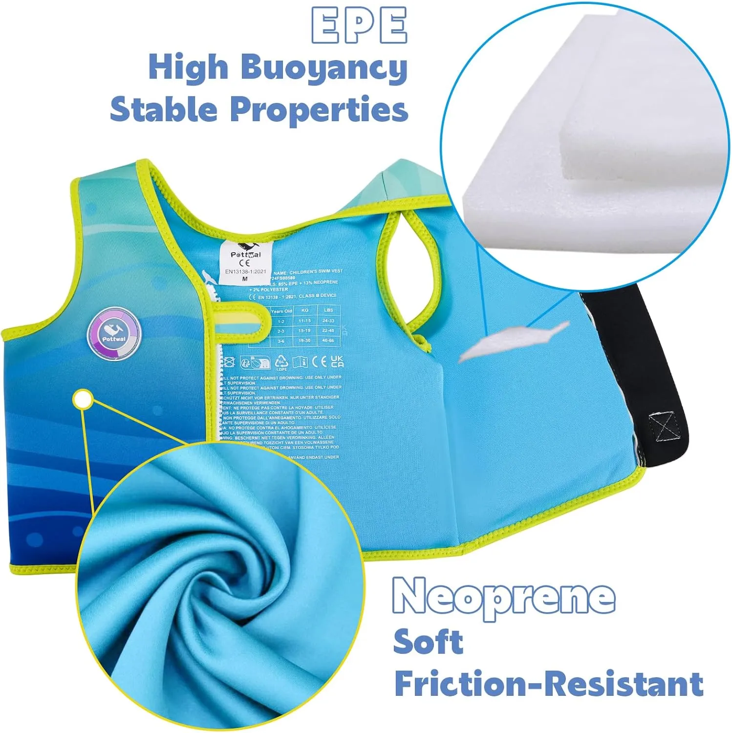 Pottwal Swim Vest for Kids - Swim Jacket for 1-2 Years (24-33LBS) - Buoyancy Aid Made of Neoprene & EPE - with Adjustable Crotch Strap