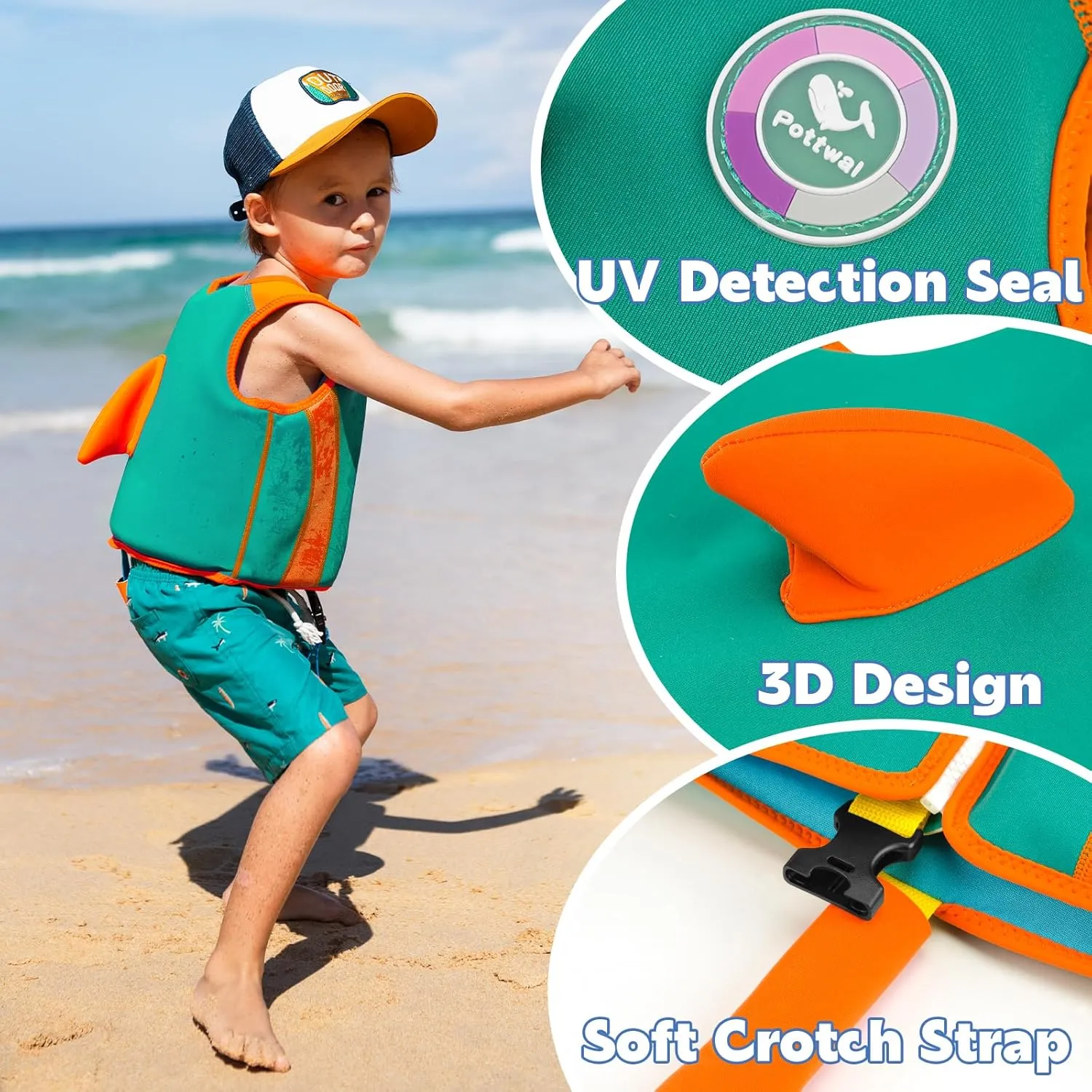 Pottwal Swim Vest for Kids - Swim Jacket for 1-2 Years (24-33LBS) - Buoyancy Aid Made of Neoprene & EPE - with Adjustable Crotch Strap