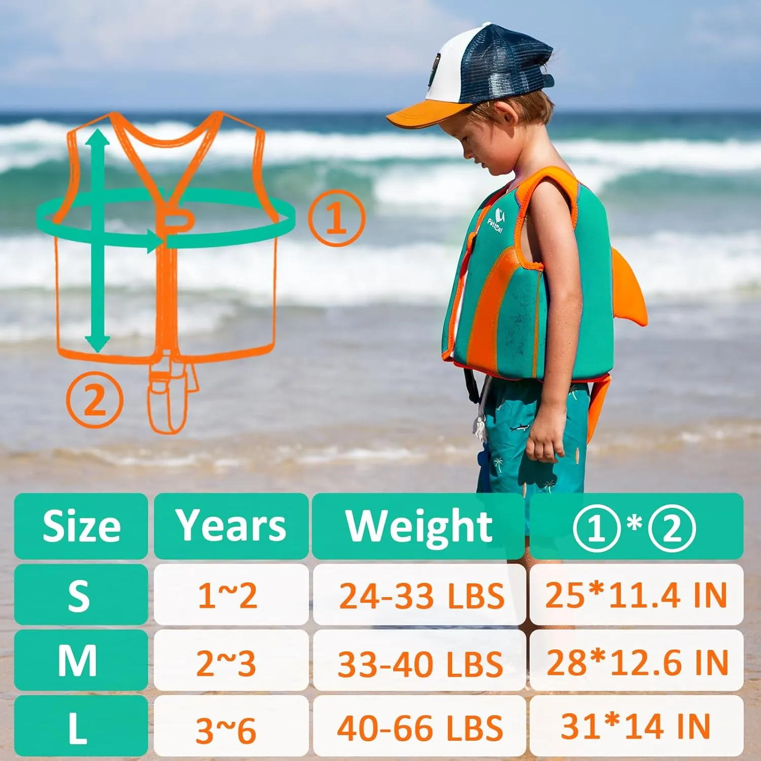 Pottwal Swim Vest for Kids - Swim Jacket for 1-2 Years (24-33LBS) - Buoyancy Aid Made of Neoprene & EPE - with Adjustable Crotch Strap