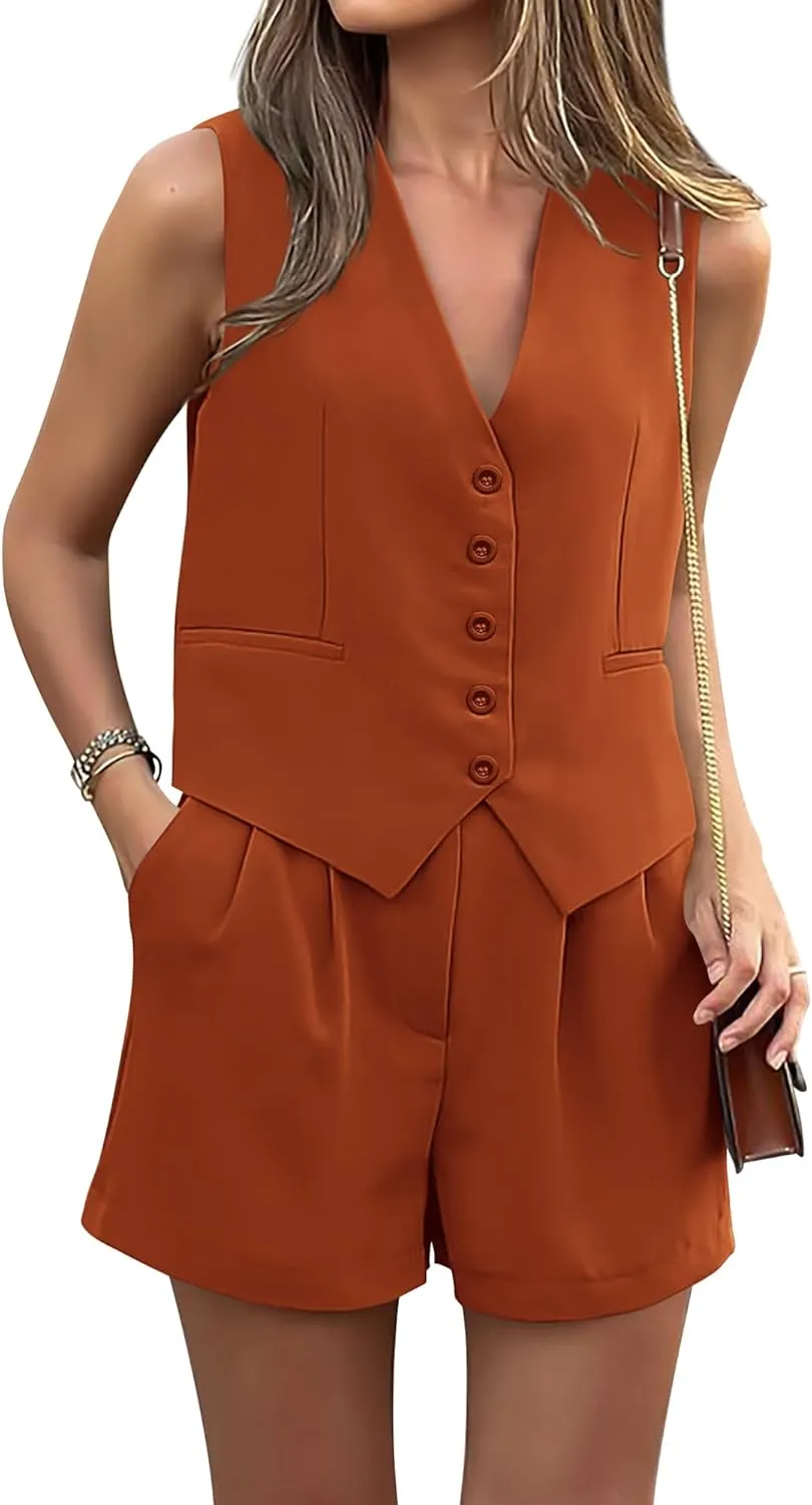 PRETTYGARDEN Women Summer 2 Piece Outfits V Neck Sleeveless Button Down Vest Shorts Sets Business Work Matching Set 2025