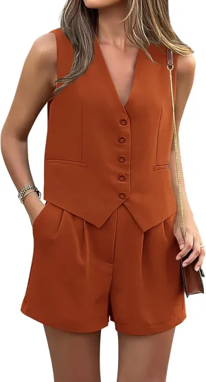 PRETTYGARDEN Women Summer 2 Piece Outfits V Neck Sleeveless Button Down Vest Shorts Sets Business Work Matching Set 2025