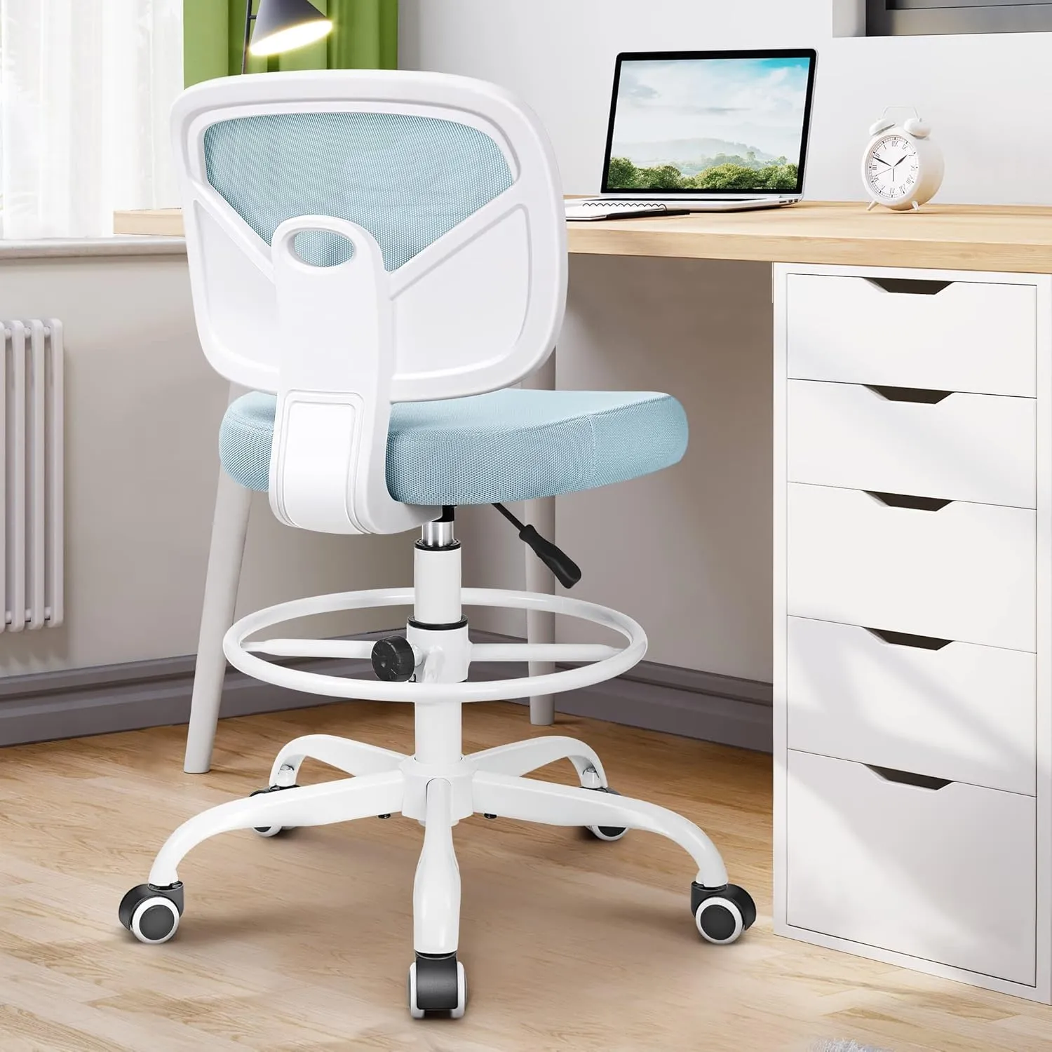 Primy Office Drafting Chair Armless, Tall Office Desk Chair Adjustable Height and Footring, Mid-Back Ergonomic Standing Desk Chair Mesh Rolling Tall Chair for Art Room, Office or Home(Light Blue)