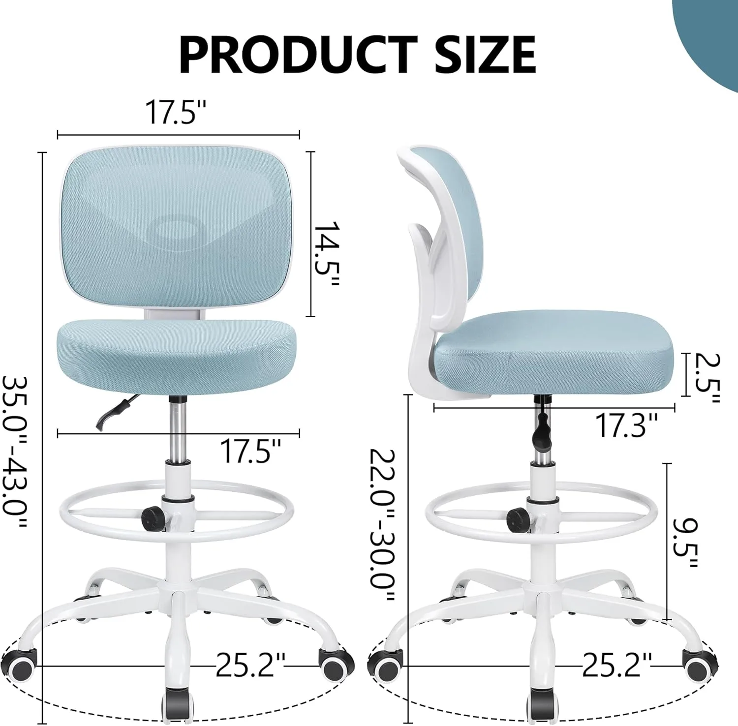 Primy Office Drafting Chair Armless, Tall Office Desk Chair Adjustable Height and Footring, Mid-Back Ergonomic Standing Desk Chair Mesh Rolling Tall Chair for Art Room, Office or Home(Light Blue)