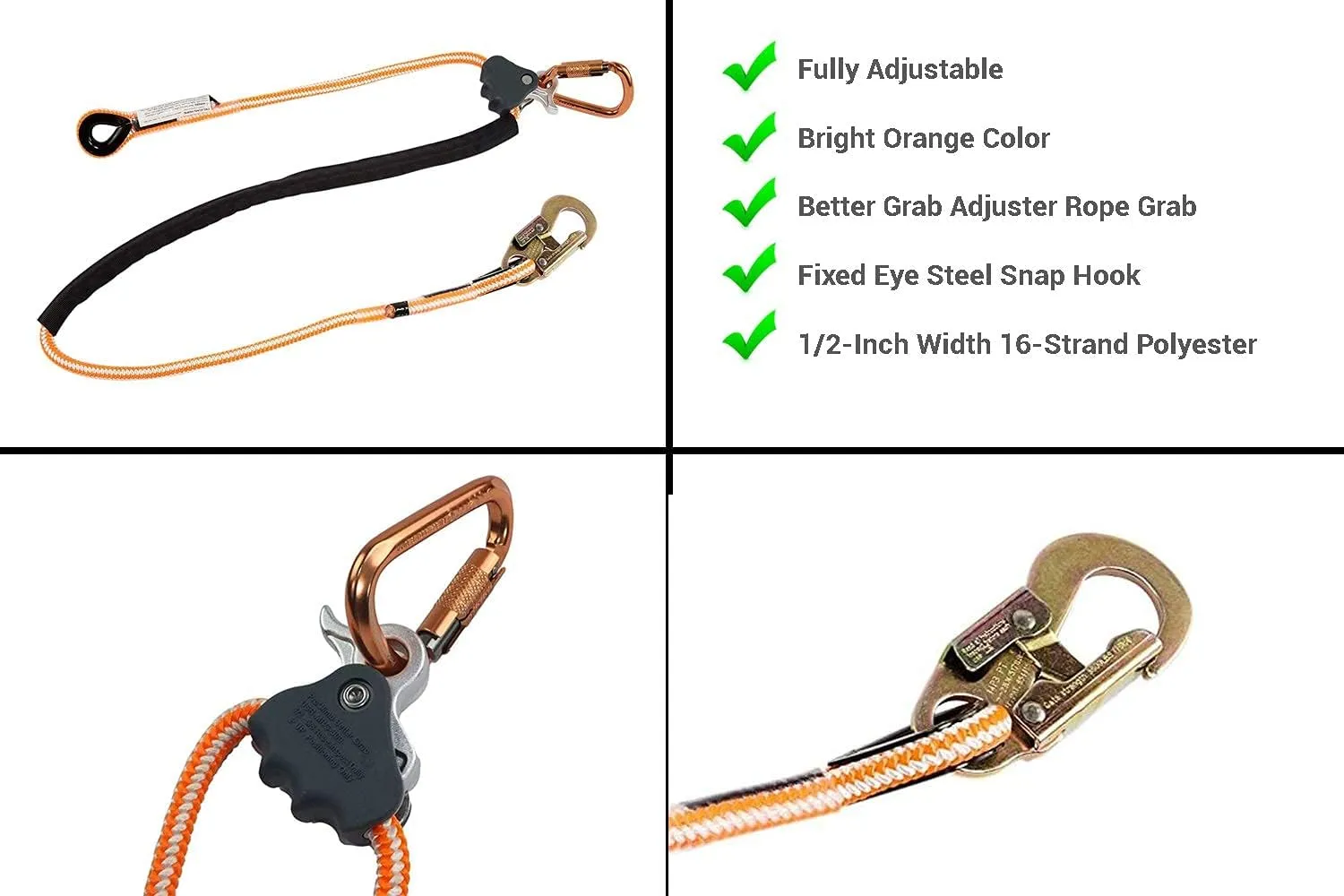 ProClimb Arborist Positioning Lanyard by Pelican Rope - 1/2 in x 8 ft Polyester Rope with Steel Snap Hook - Adjustable, High Visibility, ANSI/OSHA Certified for Work Positioning and Tree Climbing