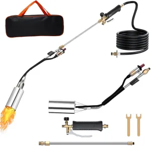 Propane Torch Weed Burner Kit, 1,800,000 BTU Flame Thrower with 10FT Hose & Self-Igniter and Bag, Multi-Use for Snow Melting, Outdoor Cookig