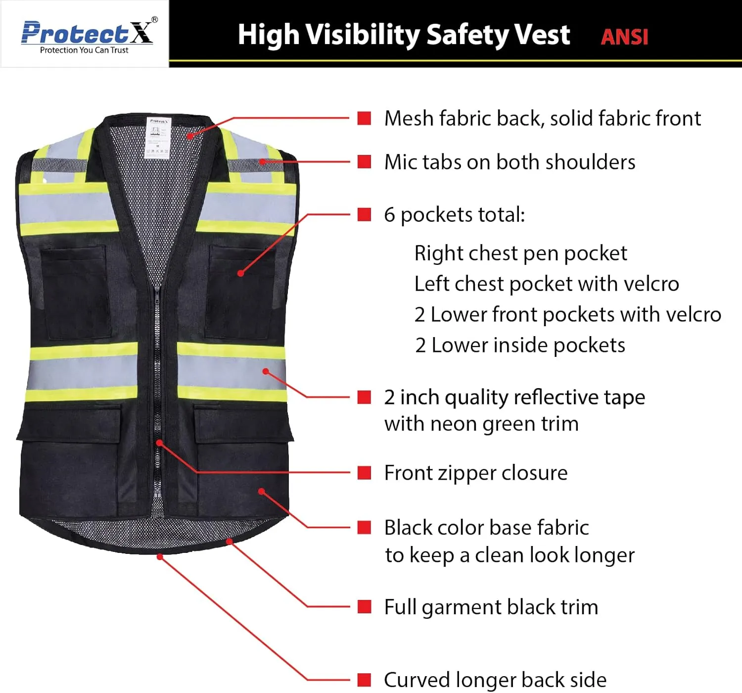 ProtectX 6 Pockets High Visibility Safety Vest for Men Women Class 2 Reflective Hi Vis Work Construction Vest