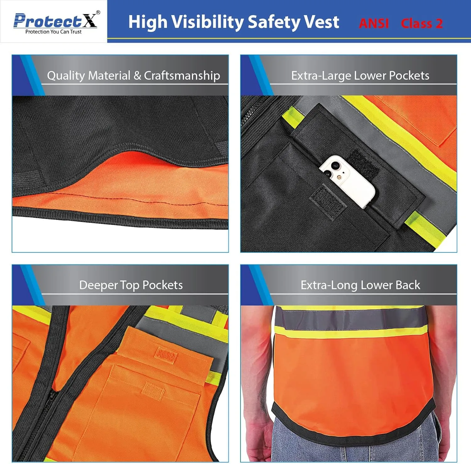 ProtectX 6 Pockets High Visibility Safety Vest for Men Women Class 2 Reflective Hi Vis Work Construction Vest