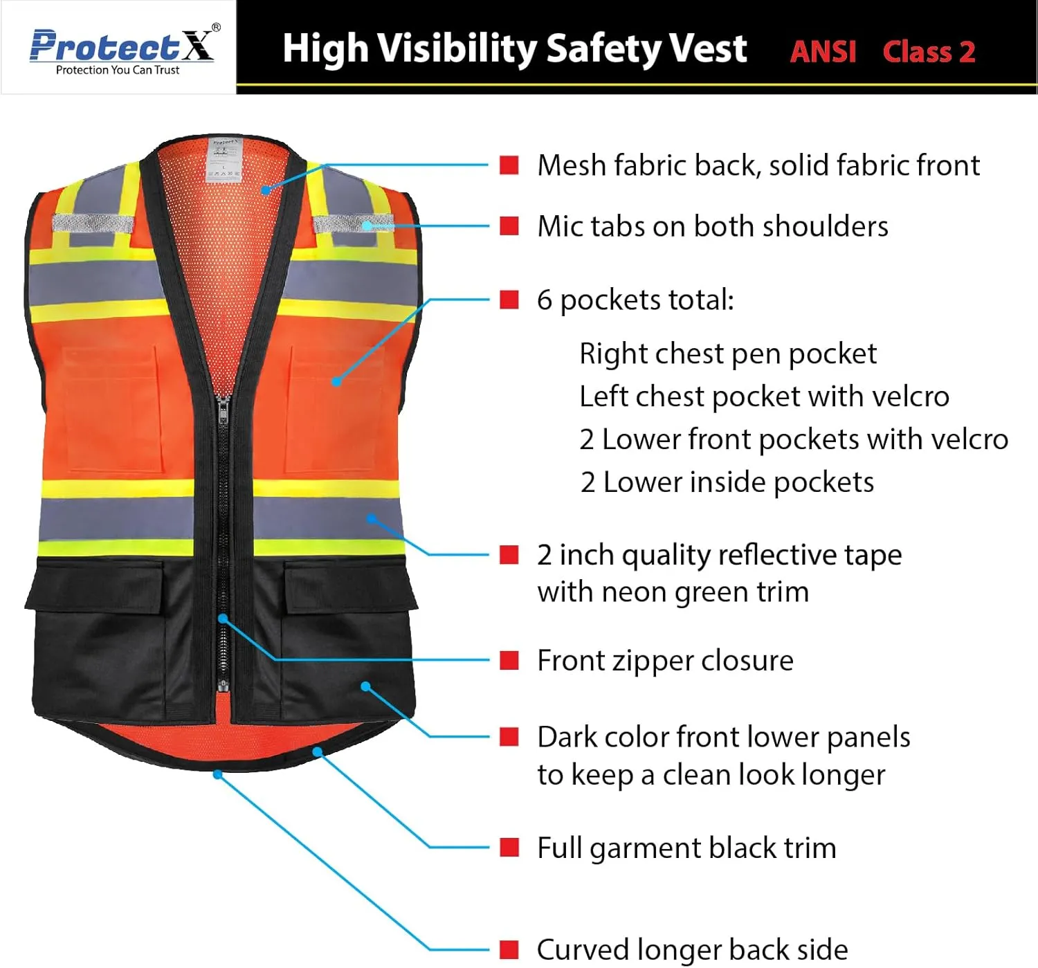 ProtectX 6 Pockets High Visibility Safety Vest for Men Women Class 2 Reflective Hi Vis Work Construction Vest