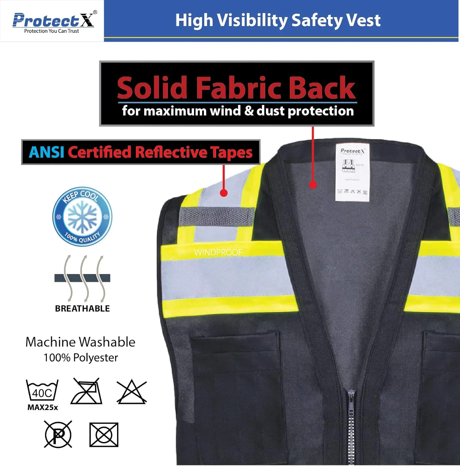 ProtectX 6 Pockets High Visibility Safety Vest for Men Women Class 2 Reflective Hi Vis Work Construction Vest