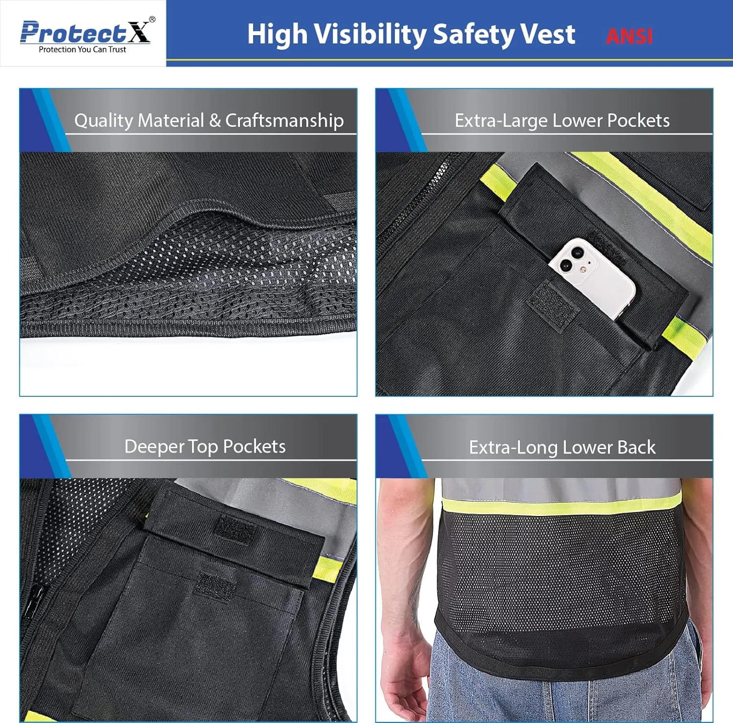 ProtectX 6 Pockets High Visibility Safety Vest for Men Women Class 2 Reflective Hi Vis Work Construction Vest