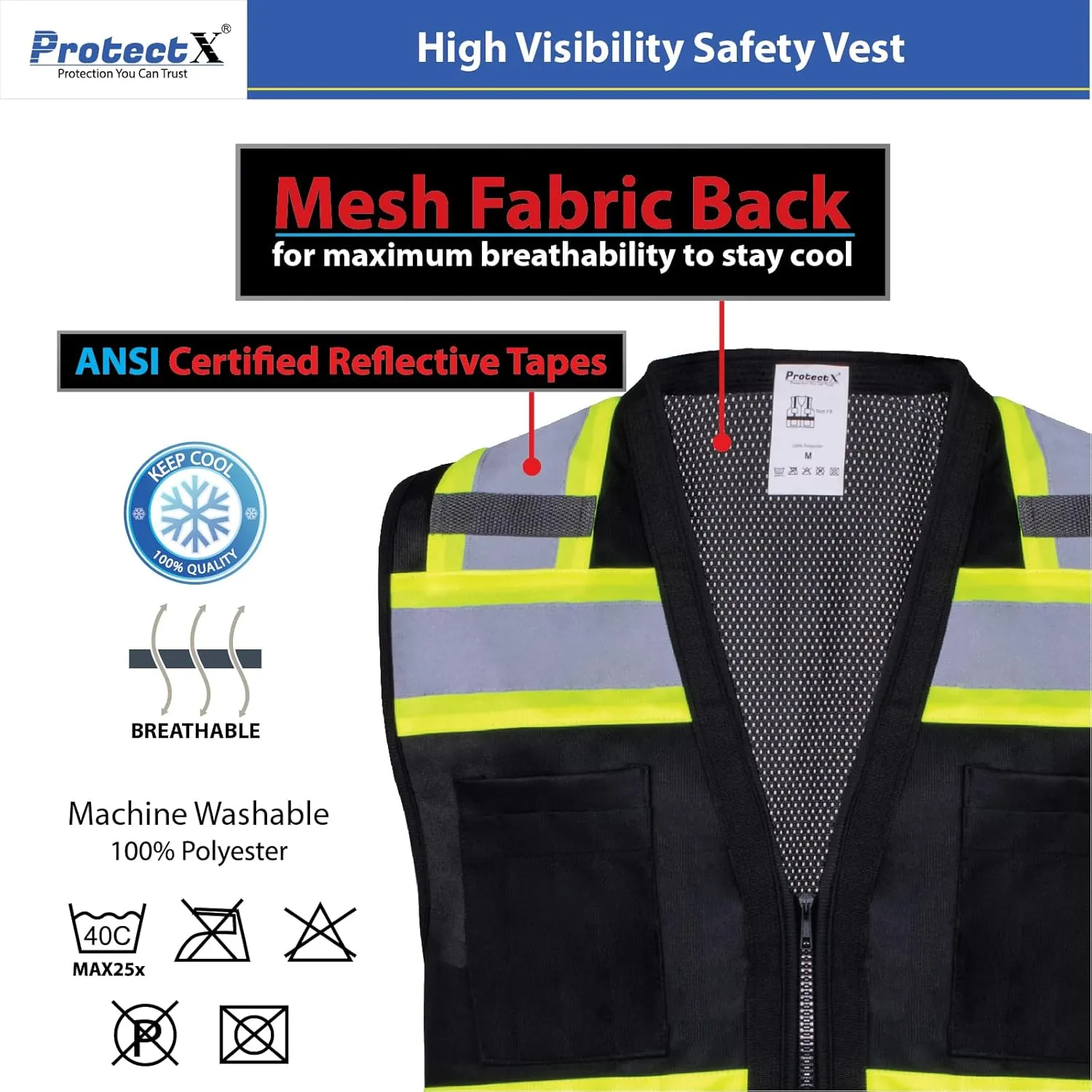 ProtectX 6 Pockets High Visibility Safety Vest for Men Women Class 2 Reflective Hi Vis Work Construction Vest