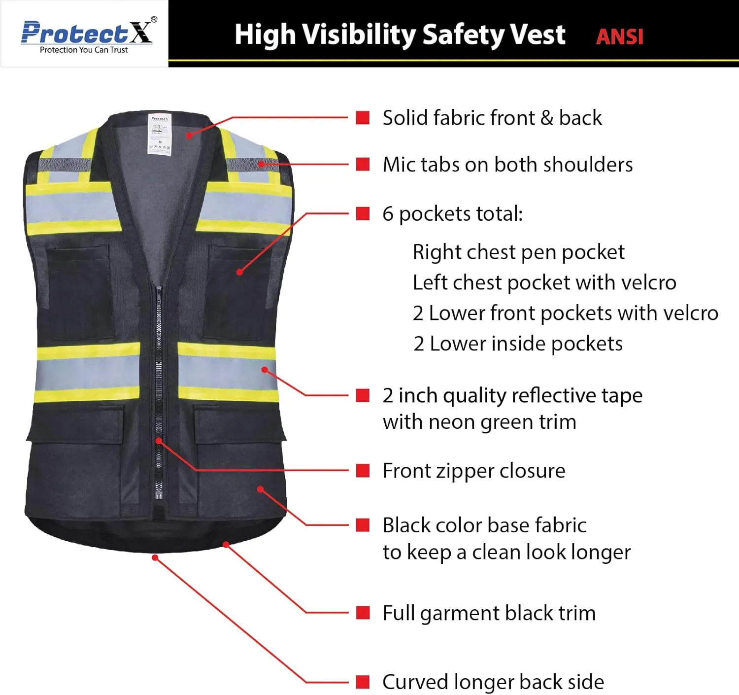 ProtectX 6 Pockets High Visibility Safety Vest for Men Women Class 2 Reflective Hi Vis Work Construction Vest