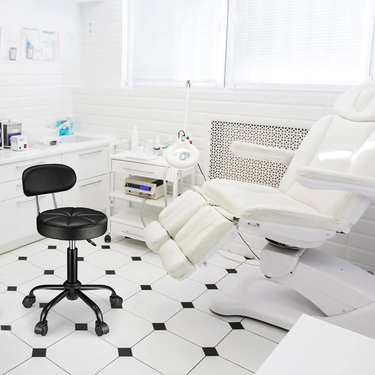 PU Leather Rolling Stool with Back Support Height Adjustable Swivel Stool Chair with Wheels Drafting Chair for Spa Slaon Massage Black