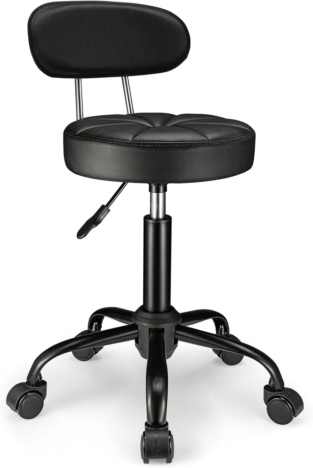 PU Leather Rolling Stool with Back Support Height Adjustable Swivel Stool Chair with Wheels Drafting Chair for Spa Slaon Massage Black