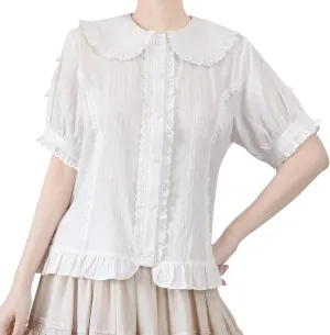 Puff Sleeve Blouses Women Lolita Elegant Peter Pan Collar Button Up Shirts Dressy Casual Cute Bows Fancy Tops