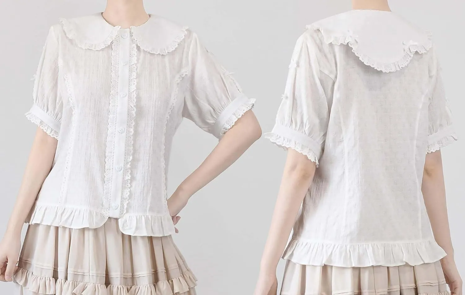 Puff Sleeve Blouses Women Lolita Elegant Peter Pan Collar Button Up Shirts Dressy Casual Cute Bows Fancy Tops