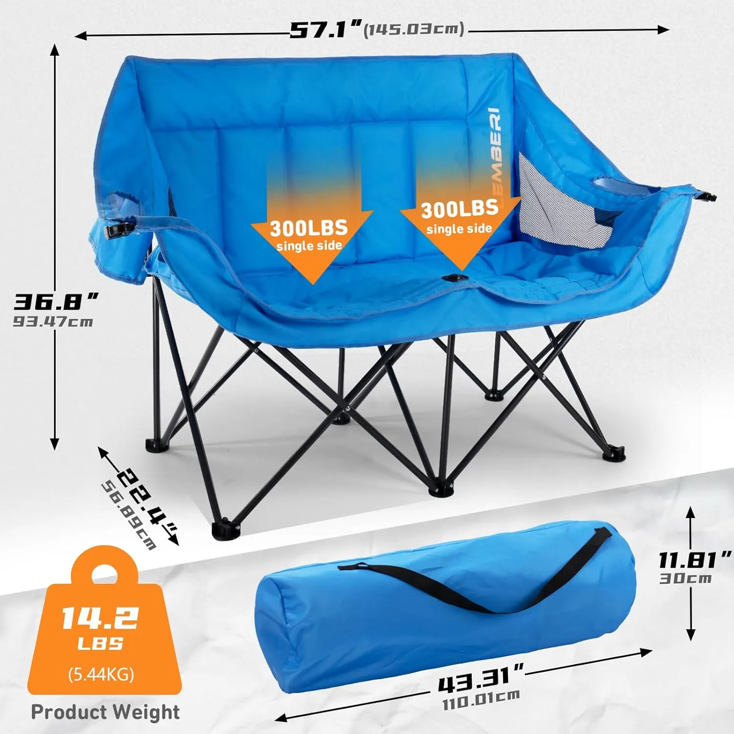 PUKAMI Oversized Double Camping Chair Folding Loveseat Camping Chair for Adults 2 Person Camping Couch Heavy Duty Camping Chairs Portable Outdoor Lawn Chairs with Cup Holder