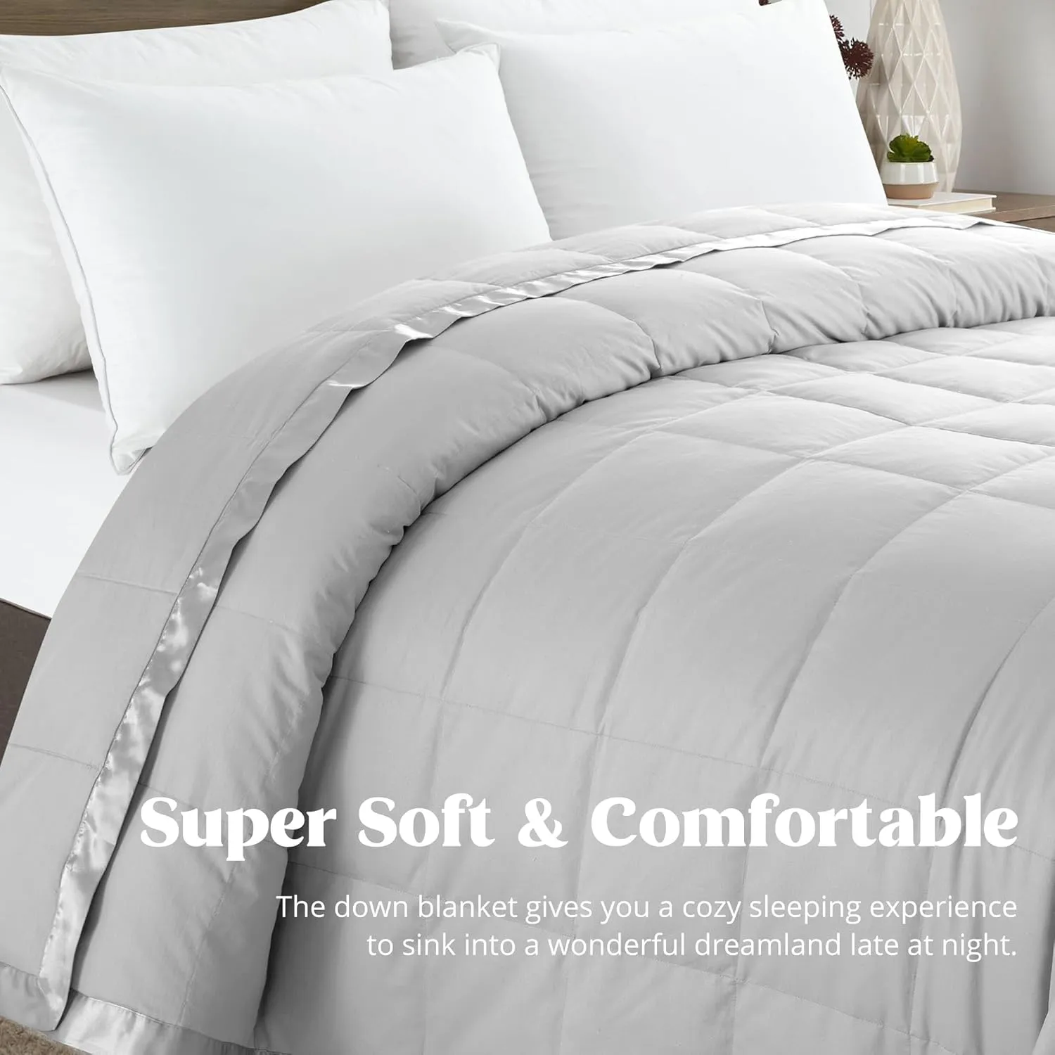 puredown® Blankets King Size - Soft Lightweight Down Blanket for All Seasons, Cozy Warm Luxury Bed Blanket with Satin Trim, Cotton Cover, Light Grey (108"X90")