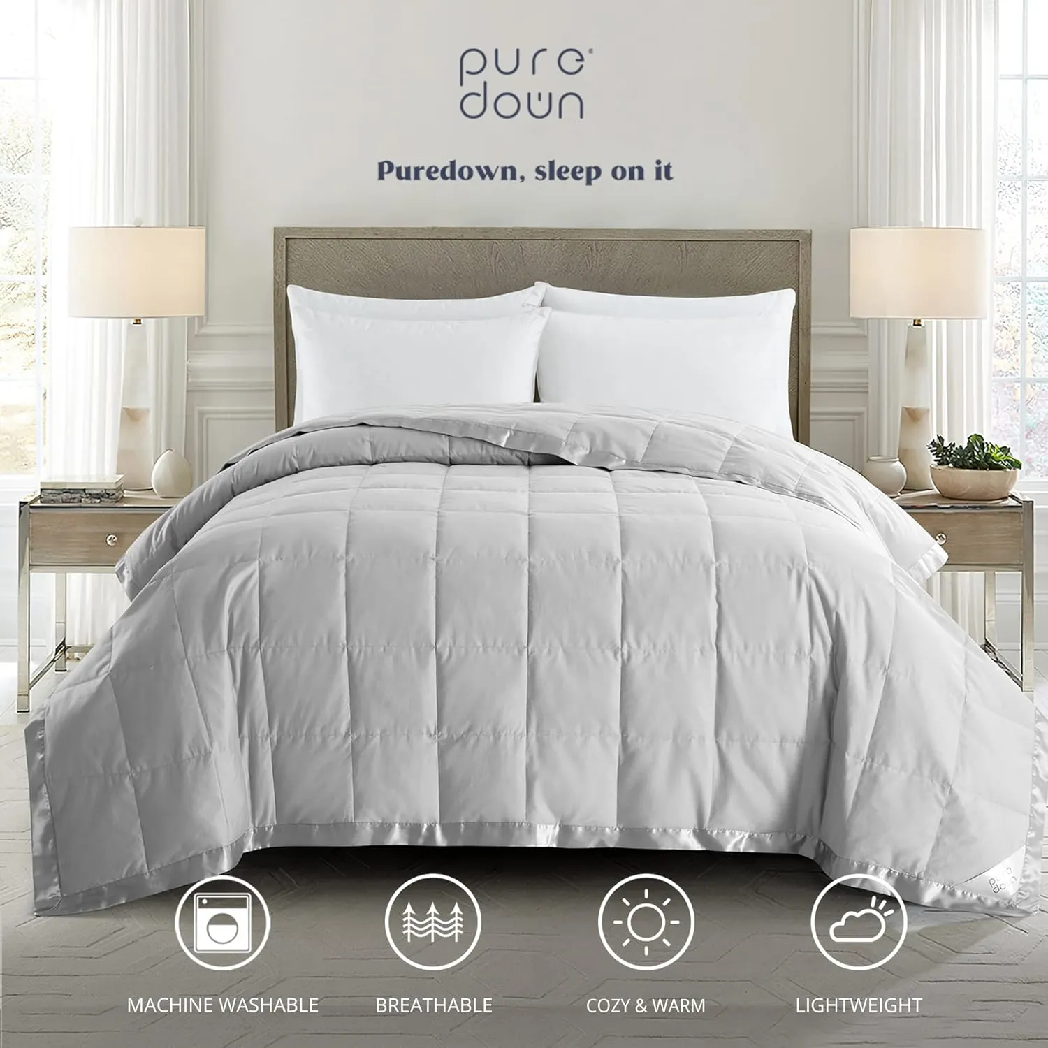 puredown® Blankets King Size - Soft Lightweight Down Blanket for All Seasons, Cozy Warm Luxury Bed Blanket with Satin Trim, Cotton Cover, Light Grey (108"X90")