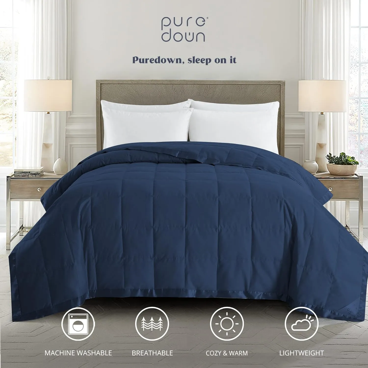 puredown® Blankets King Size - Soft Lightweight Down Blanket for All Seasons, Cozy Warm Luxury Bed Blanket with Satin Trim, Microfiber Cover, Navy Blue (108"X90")