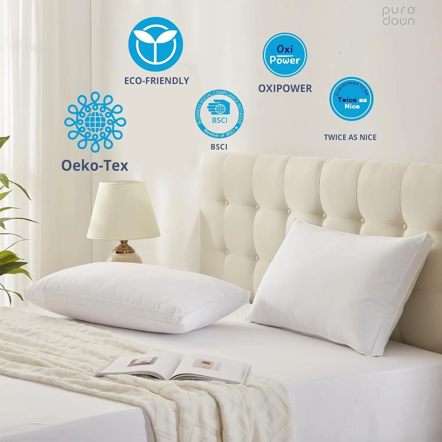 puredown® Goose Feather Down Pillows, Gusseted Bed Pillows for Sleeping 100% Cotton Cover, Set of 2 Standard Size