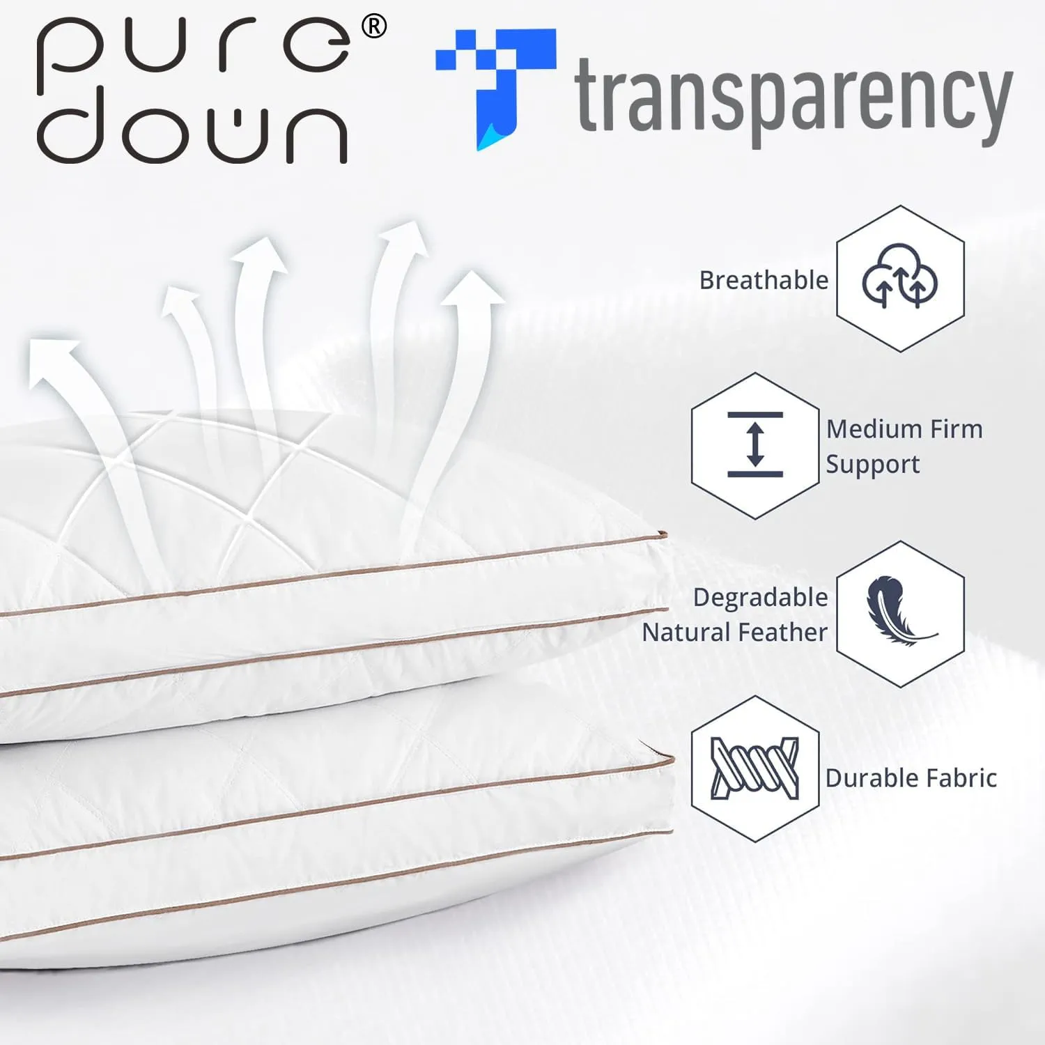 puredown® Goose Feathers and Down Pillow for Sleeping Gusseted Bed Hotel Collection Pillows, King, Set of 2