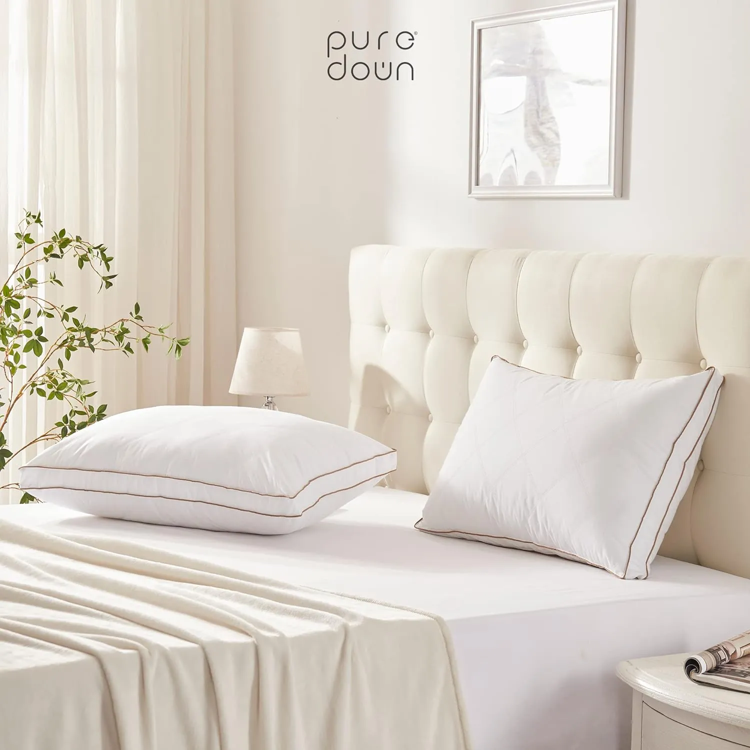 puredown® Goose Feathers and Down Pillow for Sleeping Gusseted Bed Hotel Collection Pillows, King, Set of 2