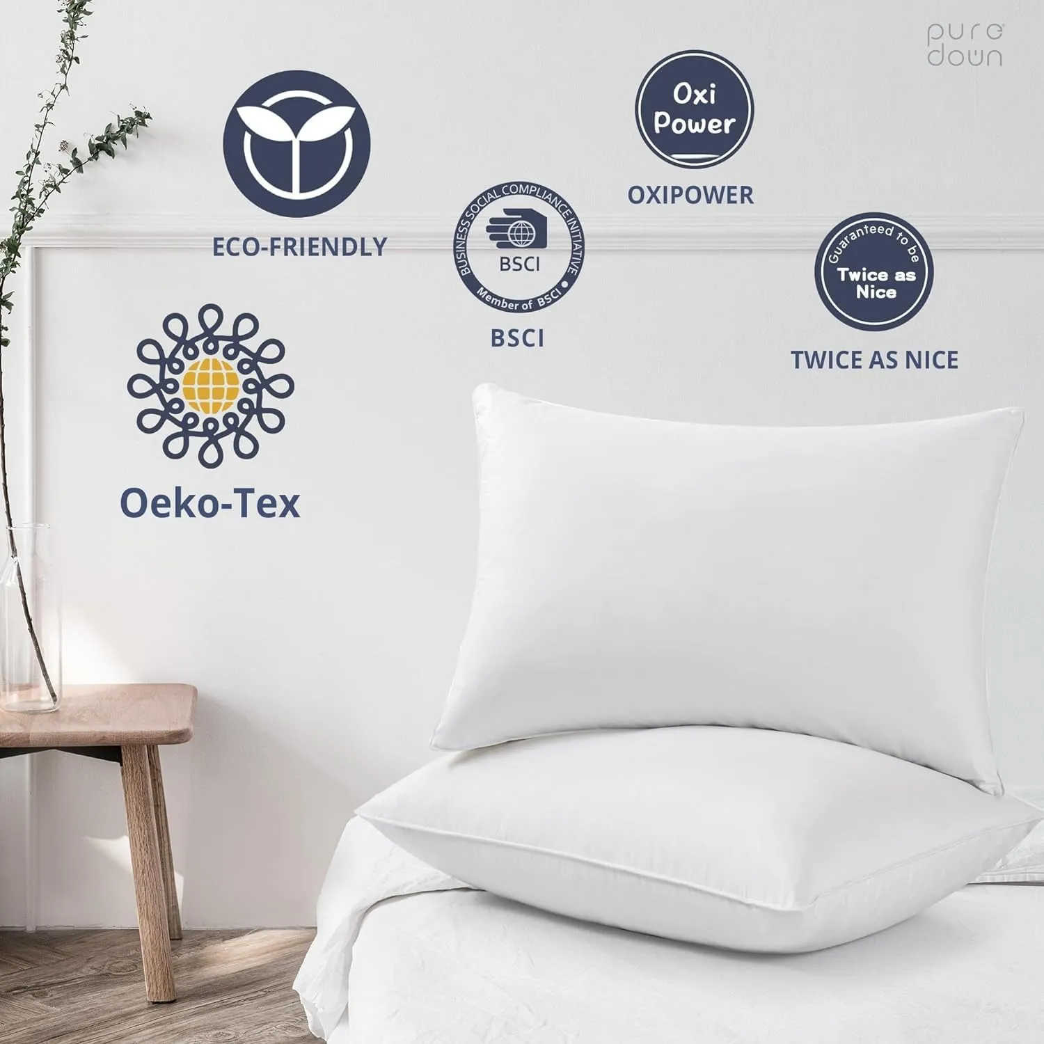 puredown® Goose Feathers and Down White Pillows with 100% Soft Cotton Cover, Bed Sleeping Hotel Collection Pillows Set of 2 Queen Size