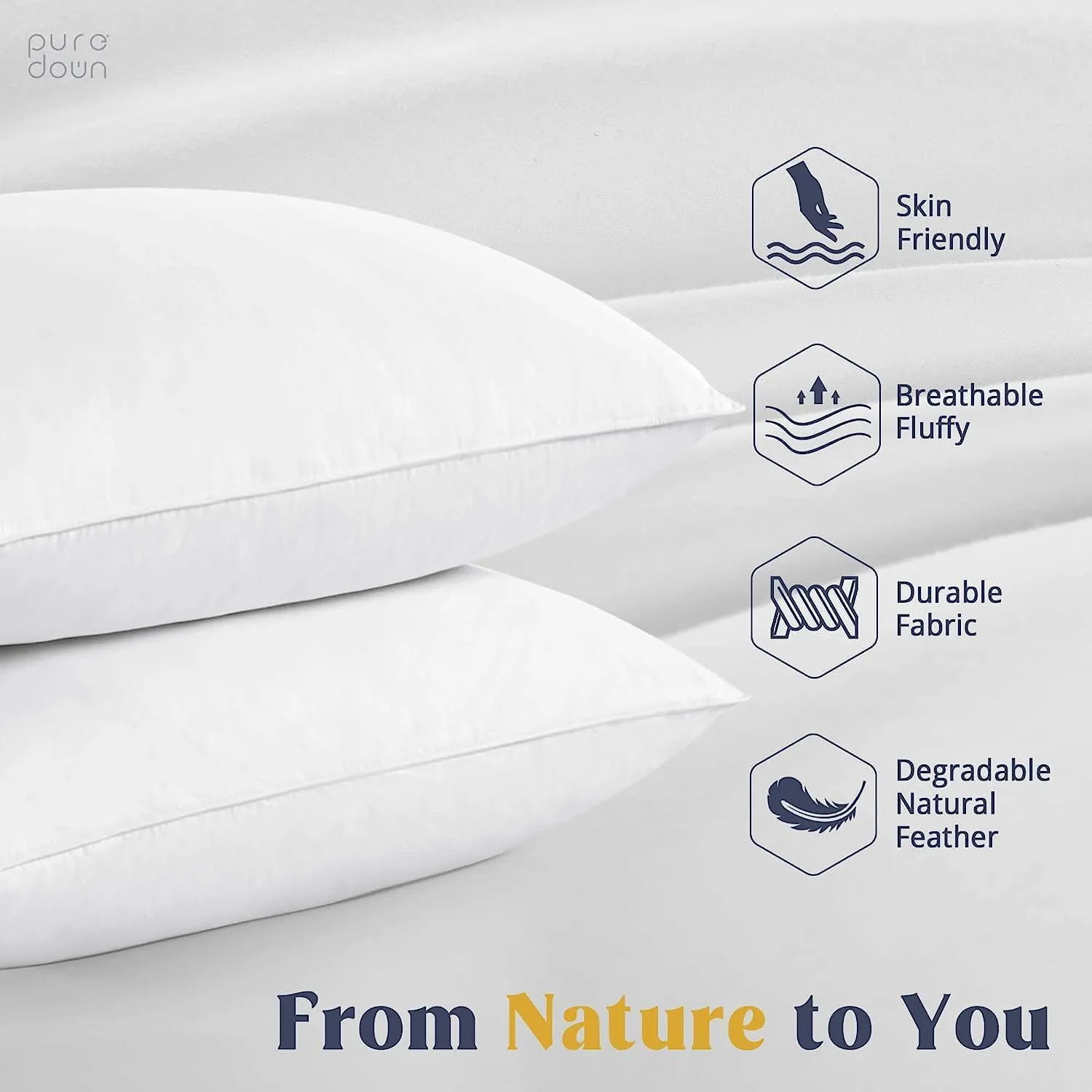 puredown® Goose Feathers and Down White Pillows with 100% Soft Cotton Cover, Bed Sleeping Hotel Collection Pillows Set of 2 Queen Size