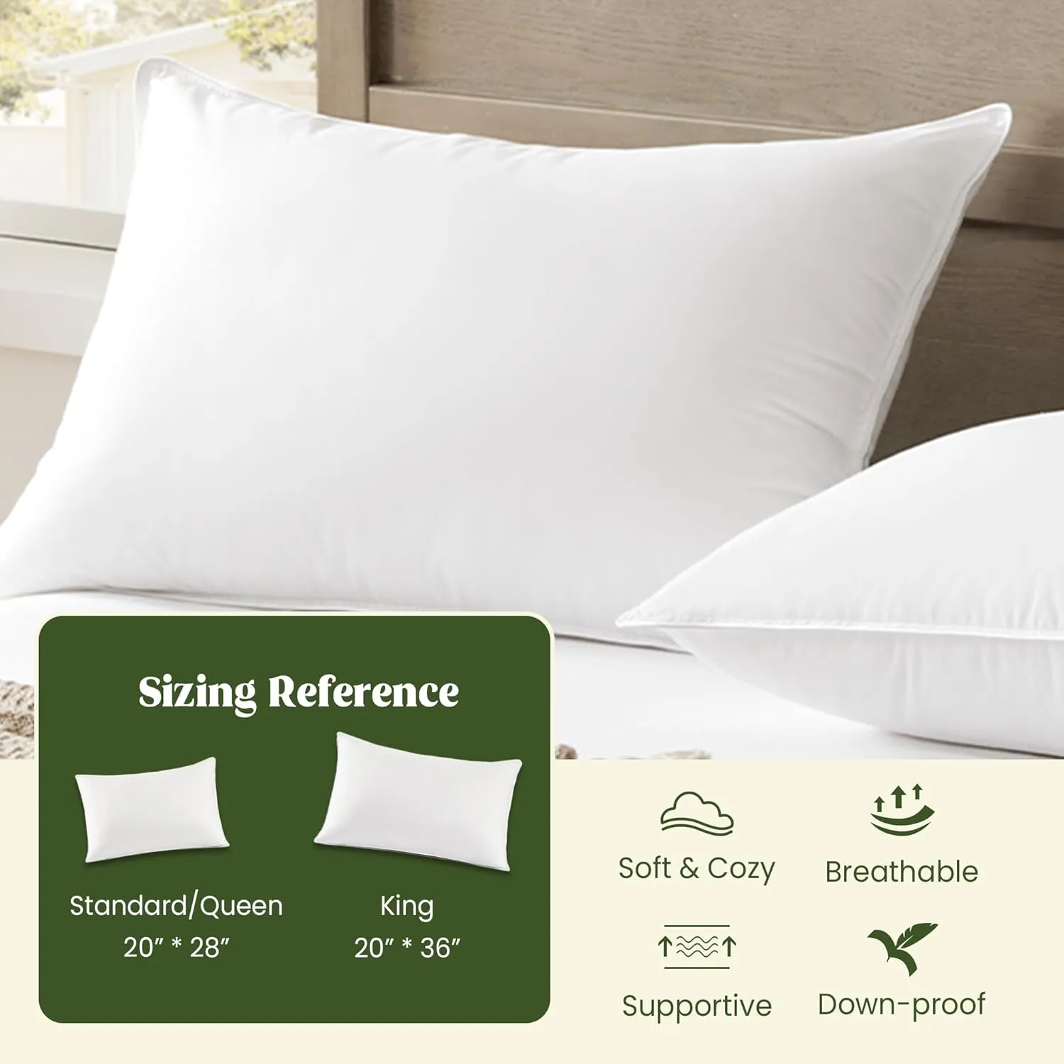 puredown® Natural White Down Feather Pillows, King Bed Pillows for Sleeping Set of 2, Grand Hotel Pillows with Cotton Fabric Cover (Pack of 2)