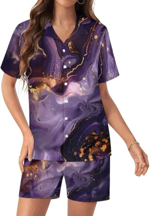 Purple And Gold Abstract Women's Satin Pajama Set Short Sleeve Button Down Sleepwear Loungewear Pj Set