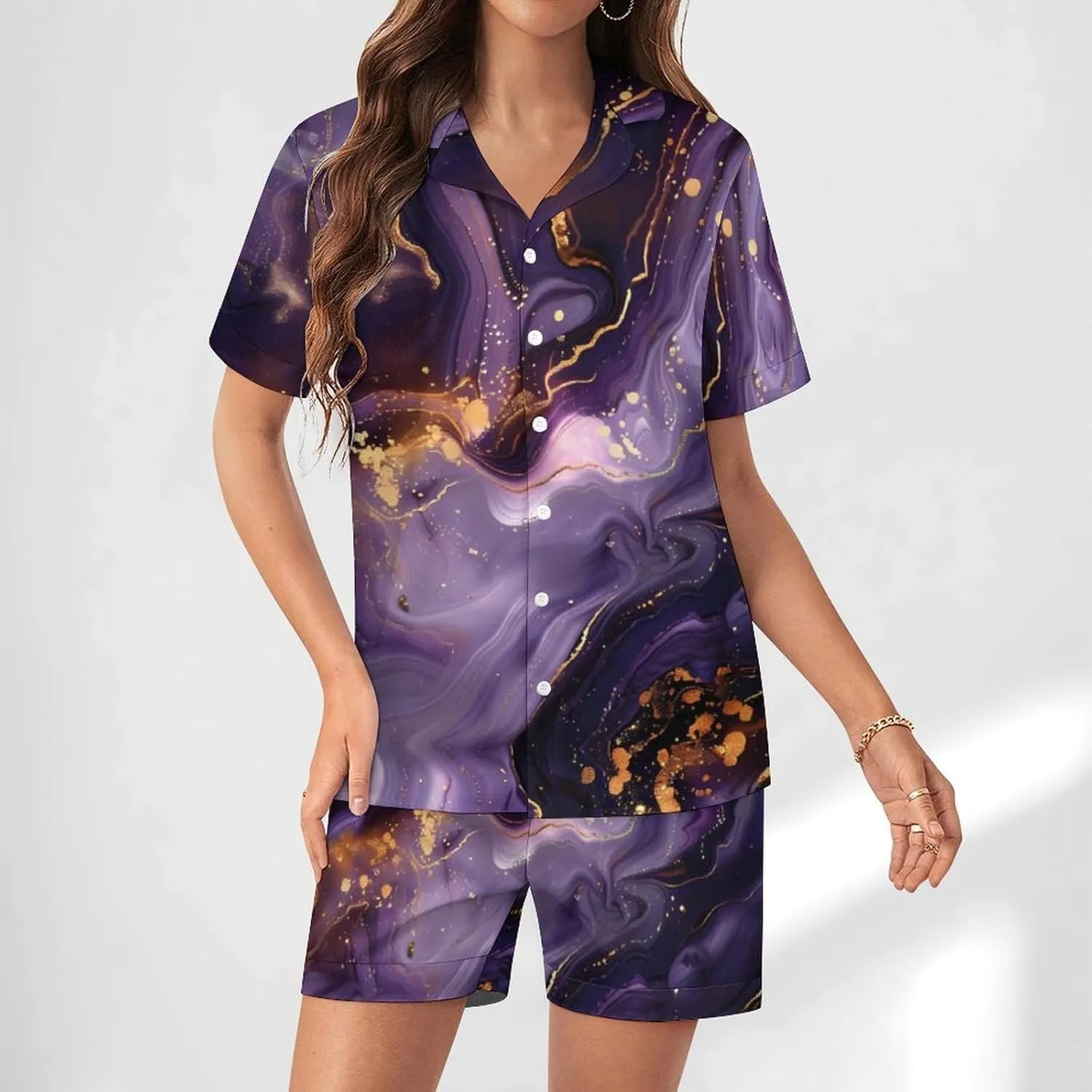 Purple And Gold Abstract Women's Satin Pajama Set Short Sleeve Button Down Sleepwear Loungewear Pj Set