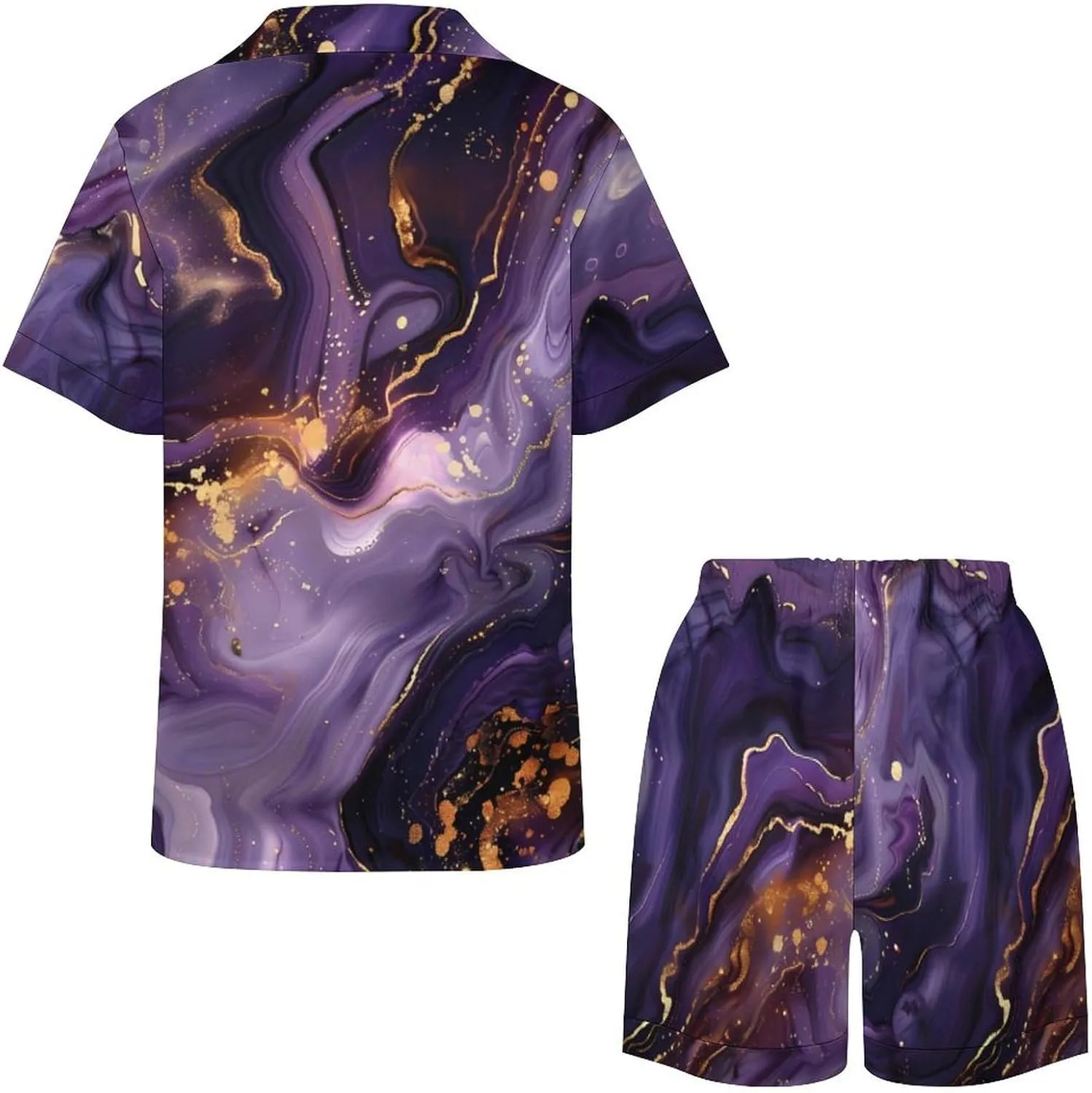 Purple And Gold Abstract Women's Satin Pajama Set Short Sleeve Button Down Sleepwear Loungewear Pj Set