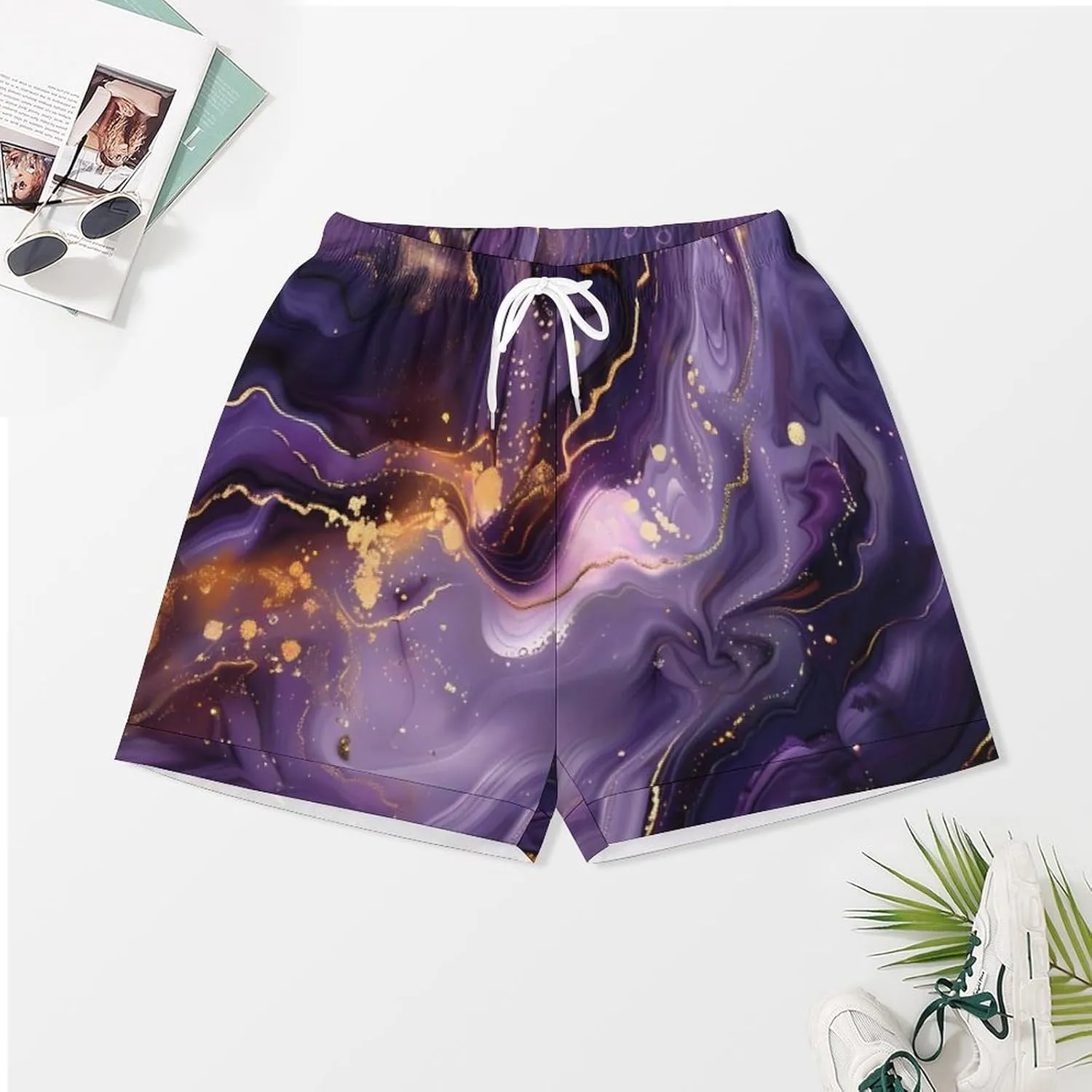 Purple And Gold Abstract Women's Satin Pajama Set Short Sleeve Button Down Sleepwear Loungewear Pj Set