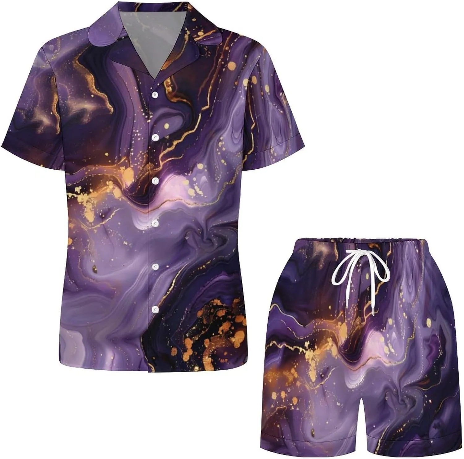 Purple And Gold Abstract Women's Satin Pajama Set Short Sleeve Button Down Sleepwear Loungewear Pj Set
