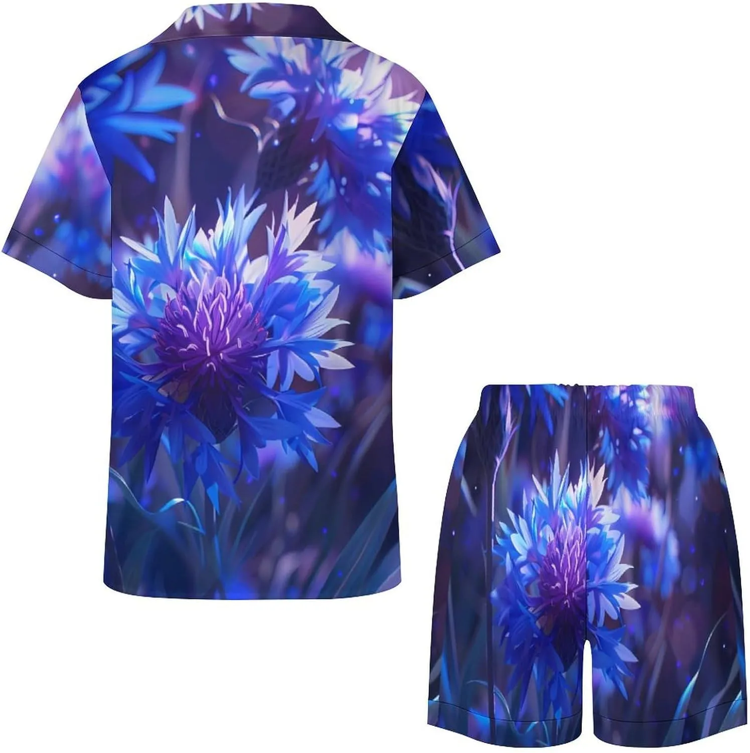 Purple Chrysanthemum Print Women's Satin Pajama Set Short Sleeve Button Down Sleepwear Loungewear Pj Set
