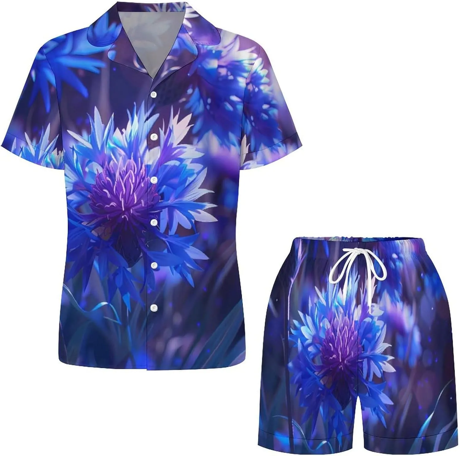 Purple Chrysanthemum Print Women's Satin Pajama Set Short Sleeve Button Down Sleepwear Loungewear Pj Set