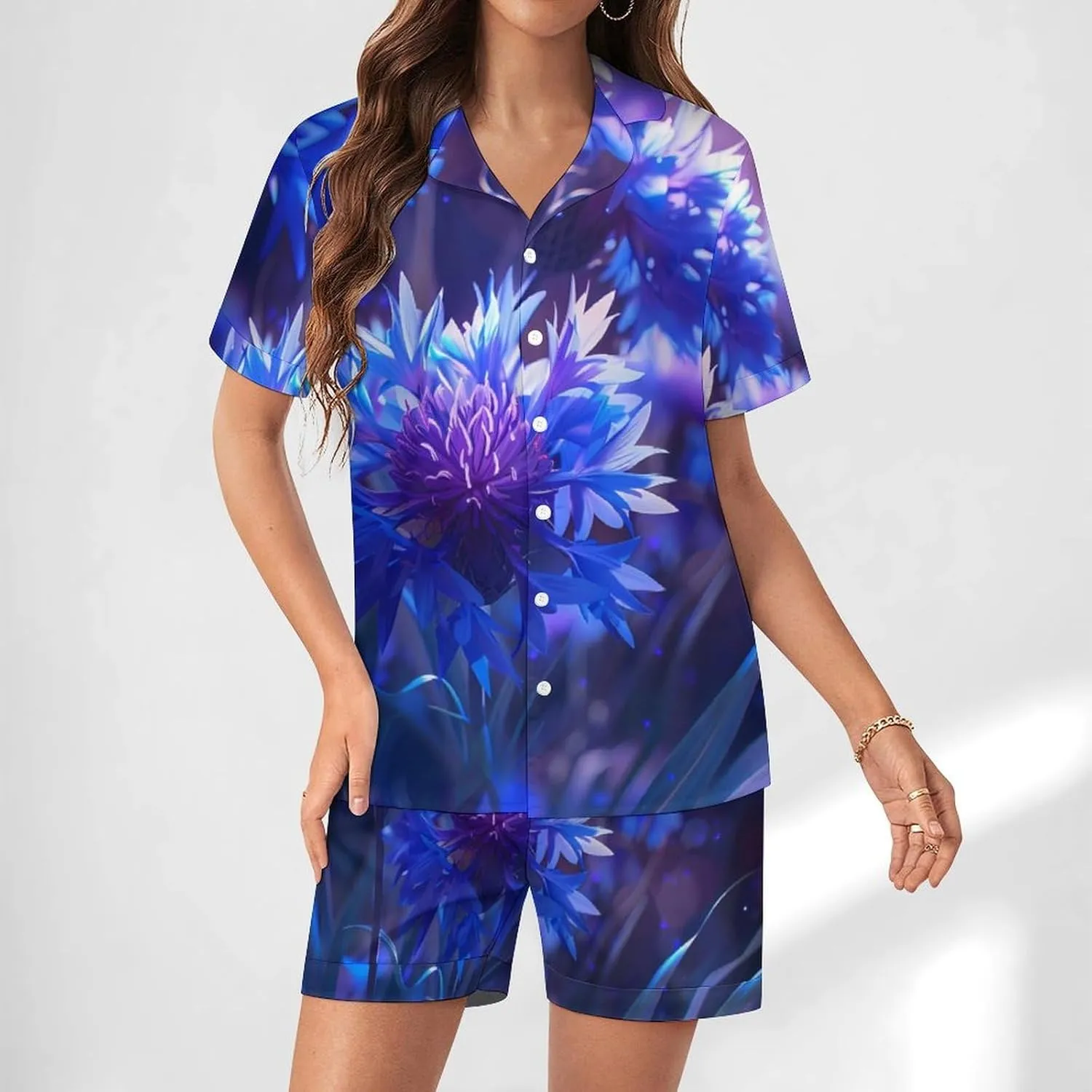 Purple Chrysanthemum Print Women's Satin Pajama Set Short Sleeve Button Down Sleepwear Loungewear Pj Set
