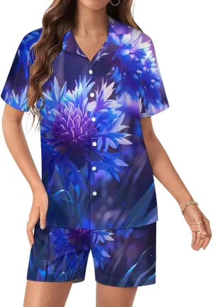 Purple Chrysanthemum Print Women's Satin Pajama Set Short Sleeve Button Down Sleepwear Loungewear Pj Set