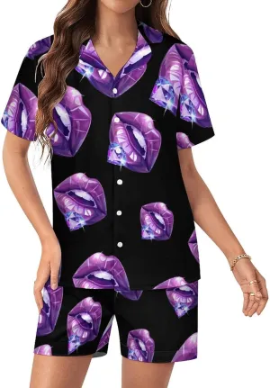 Purple Design Lips Diamond Women's Satin Pajama Set Short Sleeve Button Down Sleepwear Loungewear Pj Set
