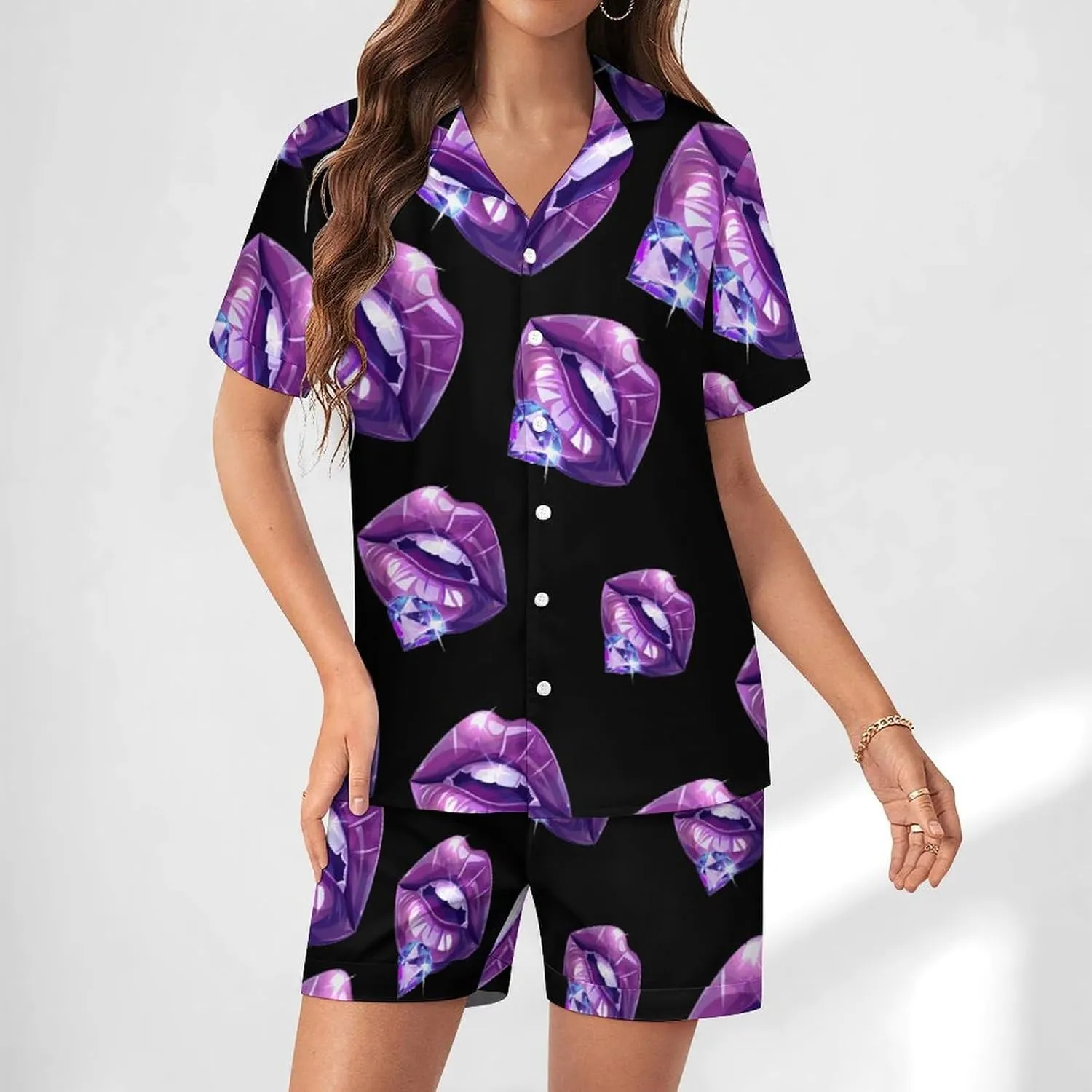 Purple Design Lips Diamond Women's Satin Pajama Set Short Sleeve Button Down Sleepwear Loungewear Pj Set