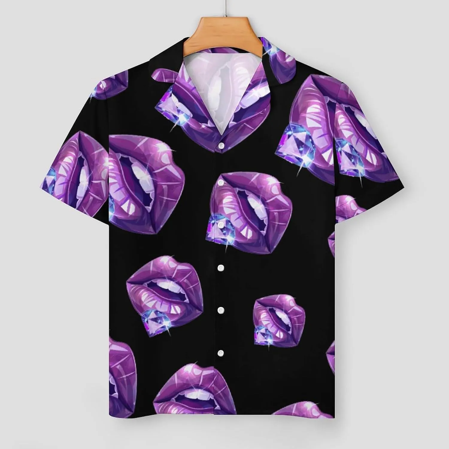 Purple Design Lips Diamond Women's Satin Pajama Set Short Sleeve Button Down Sleepwear Loungewear Pj Set