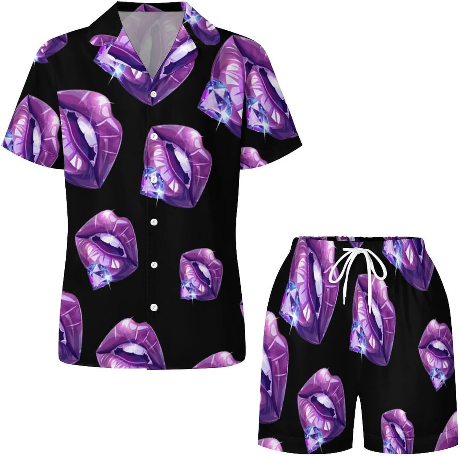Purple Design Lips Diamond Women's Satin Pajama Set Short Sleeve Button Down Sleepwear Loungewear Pj Set